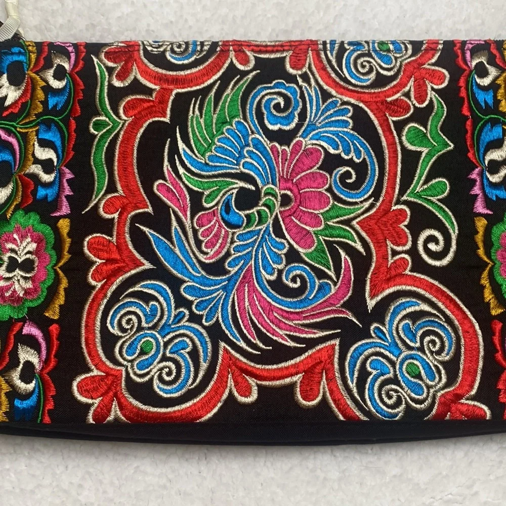 Black Blue Red Embroidered Tassel Cosmetic Bag Made in Thailand